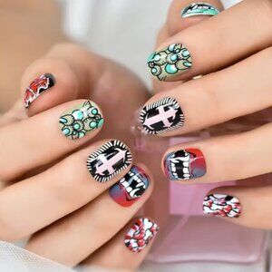 48 Pcs 2 pack Cartoon Graffiti Press On Short Square Nails NIB 2 sets New